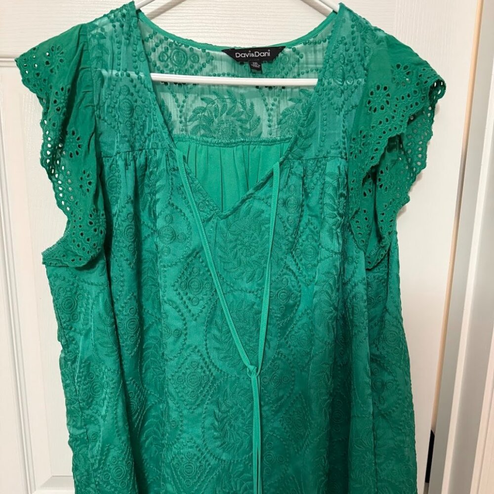 DAVI & DANI Teal Embroidered Flutter Sleeve Blouse